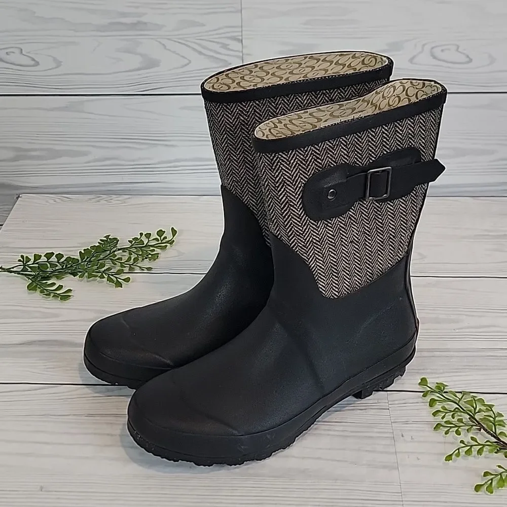 Chooka Rainboots Classic mid-calf Racer Herrinbone Black Womens Size 9
